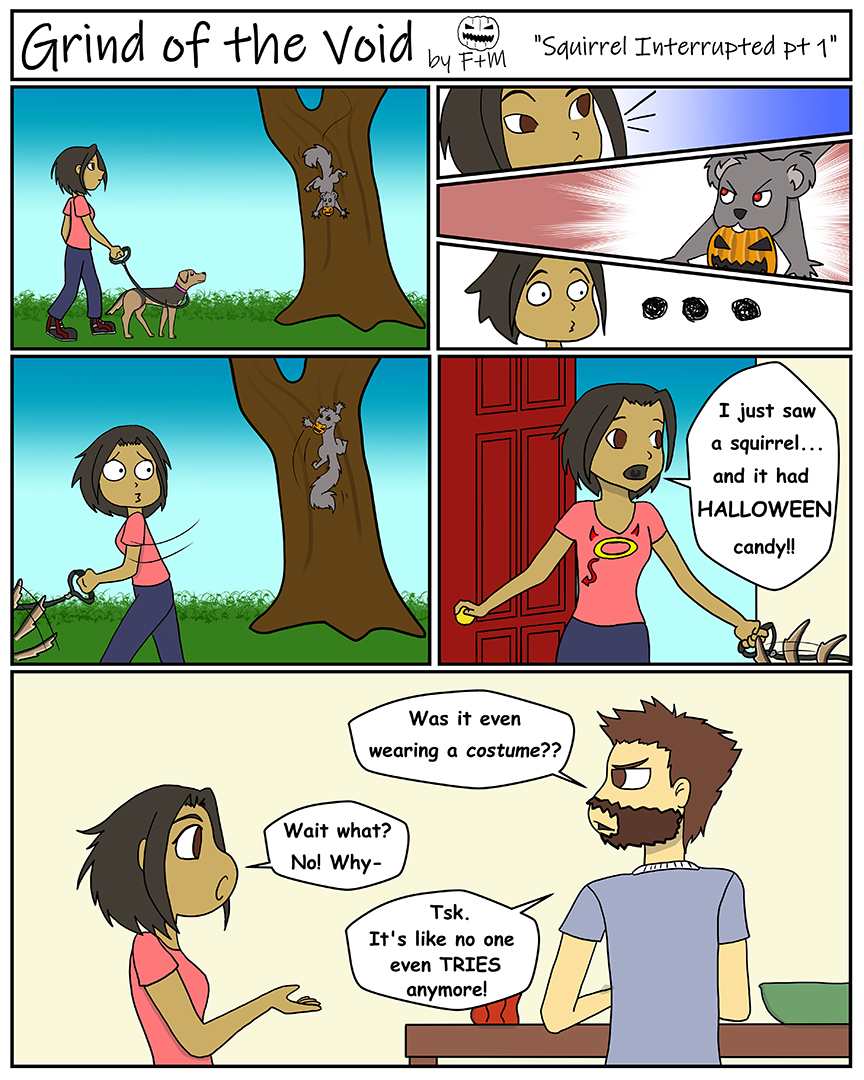 A comic chonicaling a faful encouter with a candy stealing squirrel.